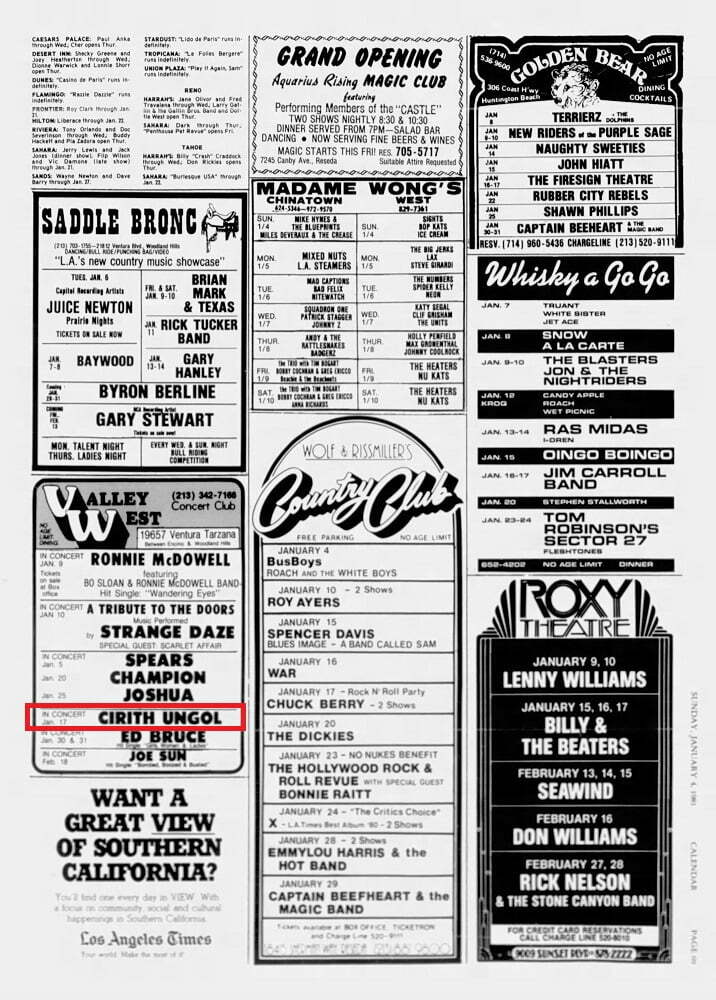The Los Angeles Times Sun Jan 4 1981 Concert Club @ Valley West | Cirith Ungol Online