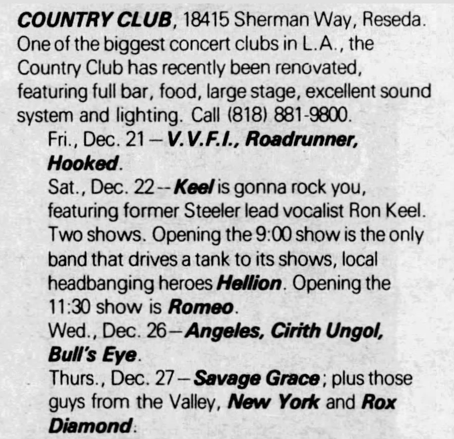 LA Weekly Thu Dec 27 1984 country club One of the biggest concert clubs in L.A. @ Country Club, Dec 1984 | Cirith Ungol Online