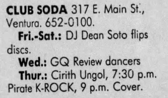 Ventura County Star Free Press Fri Dec 21 1990 T40D Club Soda, (?) Dec 1990 | Cirith Ungol Online